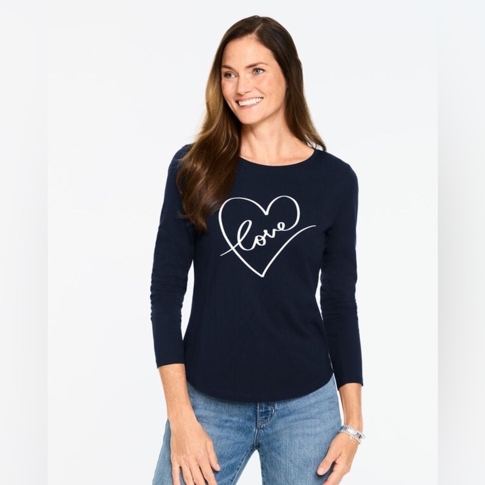 Talbots Dark Blue Long Sleeve Crewneck Tee- LOVE HEART. Medium. NWT